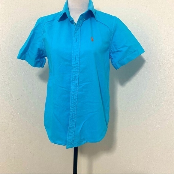 Ralph Lauren Boy Short Sleeve Turquoise Orange Pony Button Down Sz Large (14-16) - Picture 1 of 6